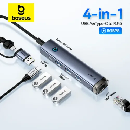 Hub Adaptador Baseus 4 em 1 usb C e usb A RJ 45 Macbook Windows 5GBPS - Cinza
