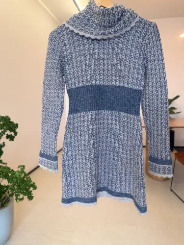 Veste Legging P/ M Blusa Alongada de Tricot Azul Gola Alta