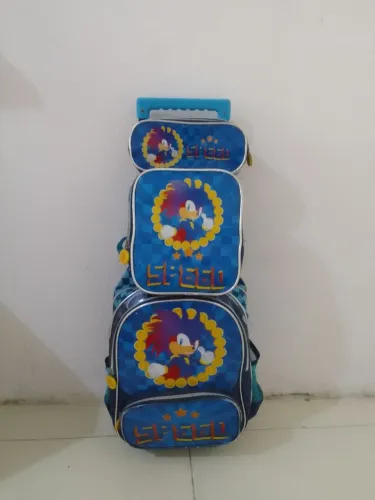 Kit Mochila do Sonic com Rodinhas,Lancheira e Estojo 