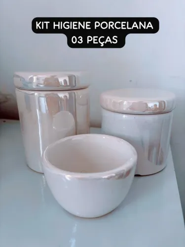 Kit Higiene Bebê Porcelana 3 Peças Perolado - Excelente Estado