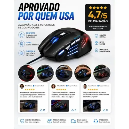 Mouse Gamer USB com 7 Botoes 2400dpi Led Ergonomico