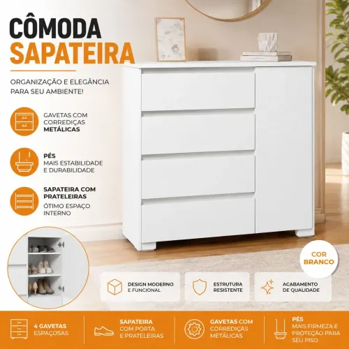Cômoda Sapateira com Gavetas e Pés