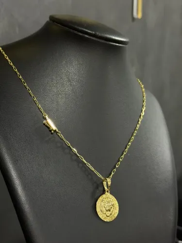 Conjunto - corrente laminada 70cm com pingente leão da tribo de judá 