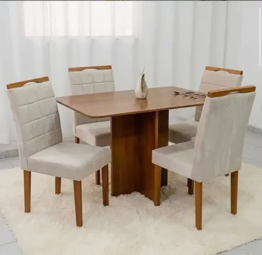 Conjunto de Jantar Valença 4 Lugares Cinamomo com Cadeiras em Veludo Bege