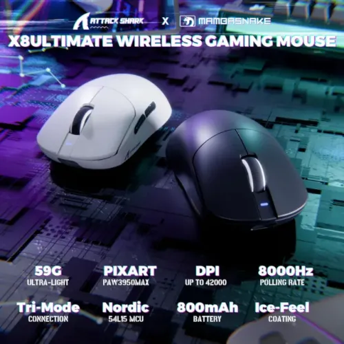 Mouse Attack Shark X8 ULTIMATE 55g 3950 8KHZ 800mAh - Nordic54L15 - SHAPE SUPERLIGHT