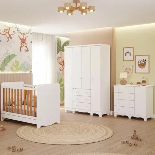 Quarto Infantil Junior 4 Portas com Berço Americano Ben, 100% MDF - Peroba