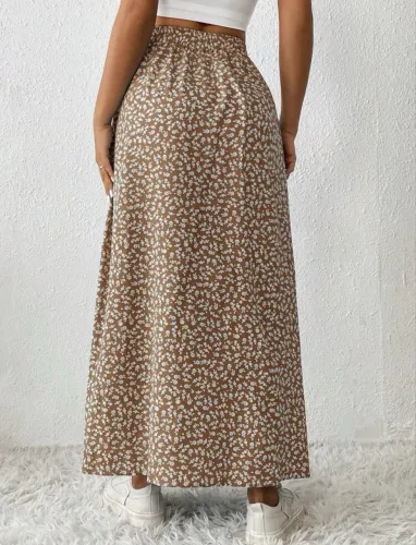 Saia Midi Floral Bege com Fenda lateral
