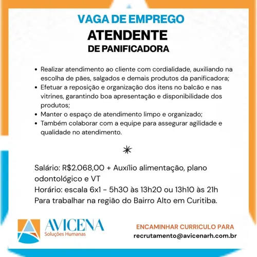 Atendente de panificadora - Bairro Alto