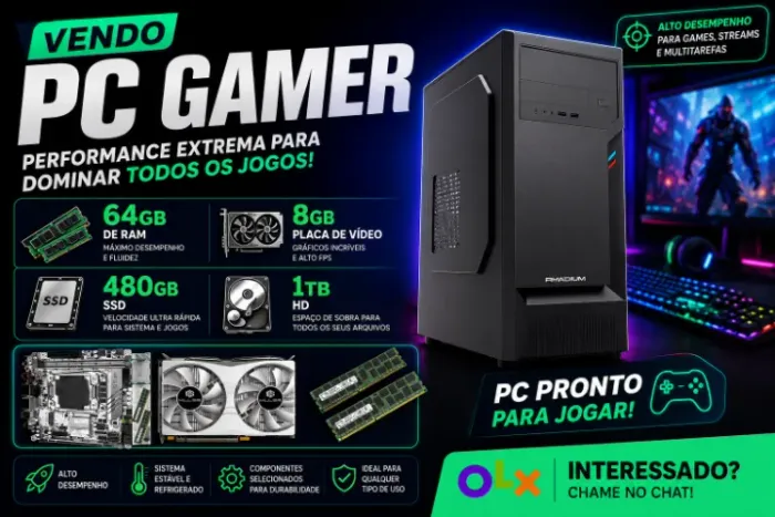 Vendo PC Gamer 64GB de ram, placa de video de 8GB, SSD 480, 1TB de hd