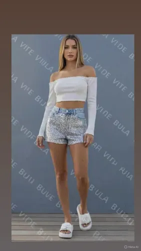 Conjunto shorts paetês e cropped tamanho 36