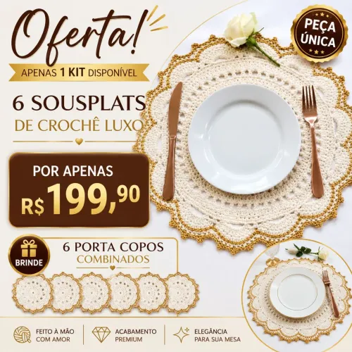 Kit Sousplat de Crochê Luxo 6 lugares + Brinde 6 porta-copos