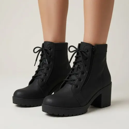 Bota Coturno Feminina Preto Fosco Com Zíper Cadarço Cano Curto Salto Grosso Tratorada