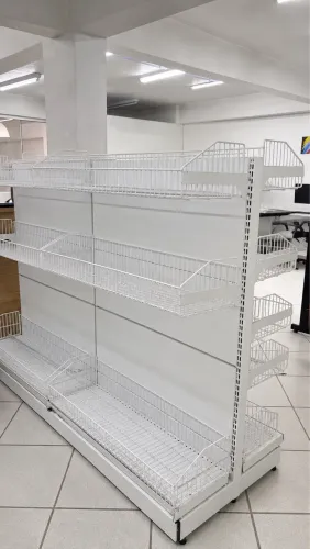 Gôndola Dupla com Cestos Aramados Ferro Branco