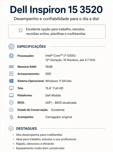 Notebook Dell Inspiron 15 3520 - Alto desempenho para trabalho e estudos