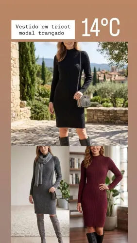 Vestido lindo em tricot modal trançado nas.cores.preta, cinza ou marsala 