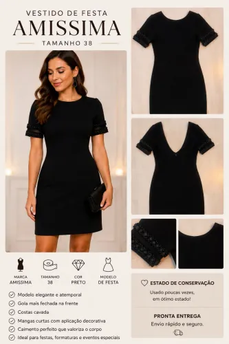 Vestido Amissima de festa curto preto 36/38
