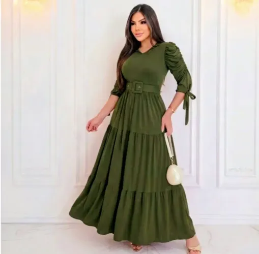 Vestido Longo Em Malha com Cinto Moda Evangélica