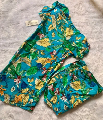 Conjunto masculino floral, camisa de botão e short elástico tamanho G