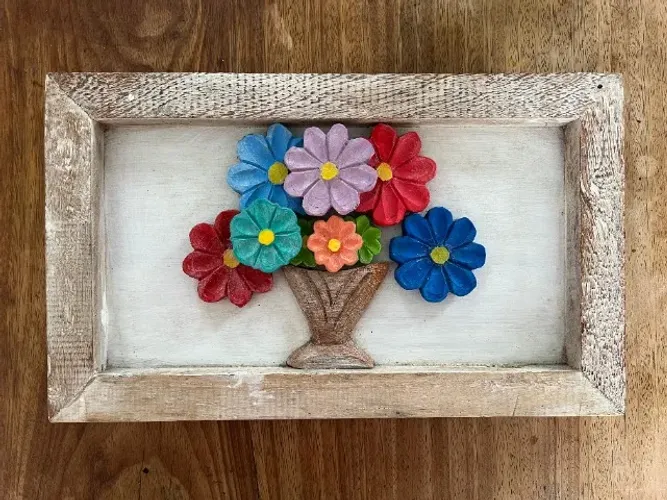 Quadro Rústico Flores Talhadas em Madeira - Oficina de Agosto