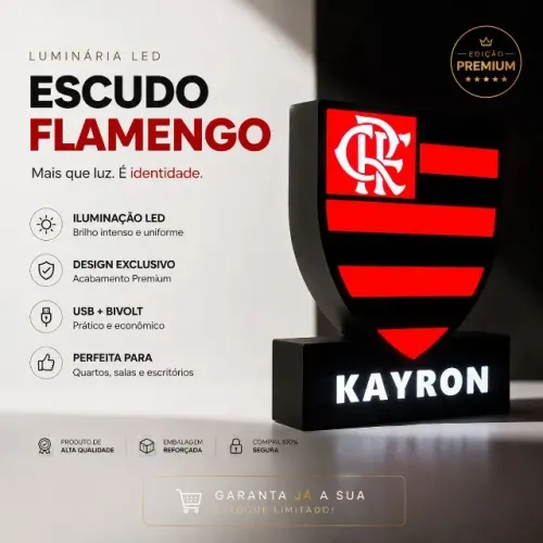 Luminária LED Personalizada com Nome ou Frase | Escudo do Seu Time