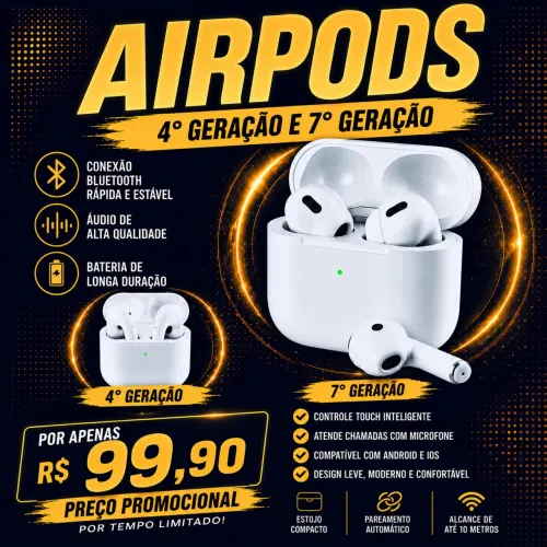 Fone Bluetooth Airpods4 7 Geração Sem Borrachas Som espetacular Android/IOS
