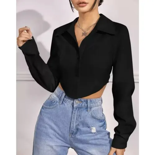 Camisa Feminina Preta Recorte Frontal Manga Longa Tamanho G