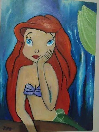 Quadro tela Ariel pequena sereia a oleo fan arte peça unica