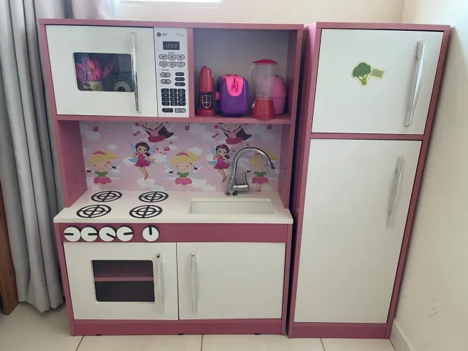 Cozinha Infantil Completa Com Refrigerador Para Meninas Mdf Rosa/Branco