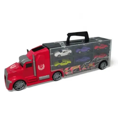 Caminhão Cegonha 6 Carrinhos De Metal Com Rampa E Maleta