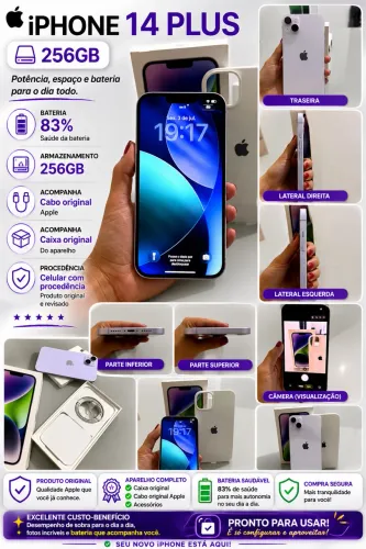 iPhone 14 Plus 256GB Lilás | Caixa + Cabo Original | Excelente Estado