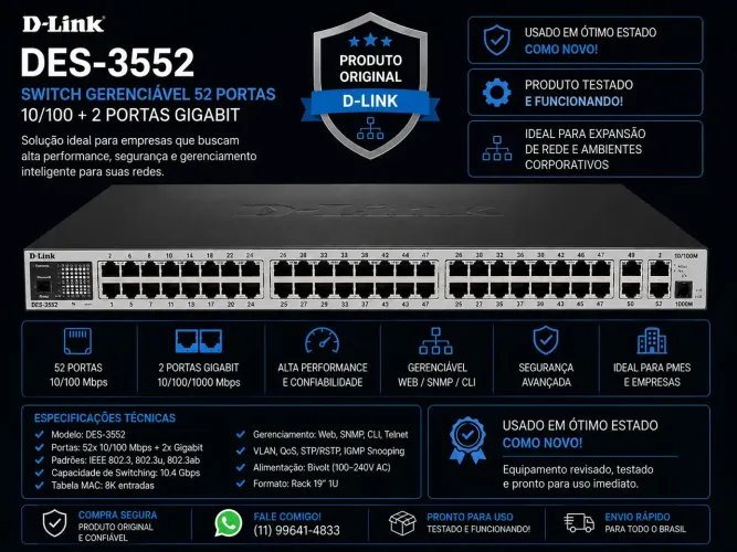 Switch Gerenciável D-Link DES-3552 - 52 Portas - Revisado e Testado