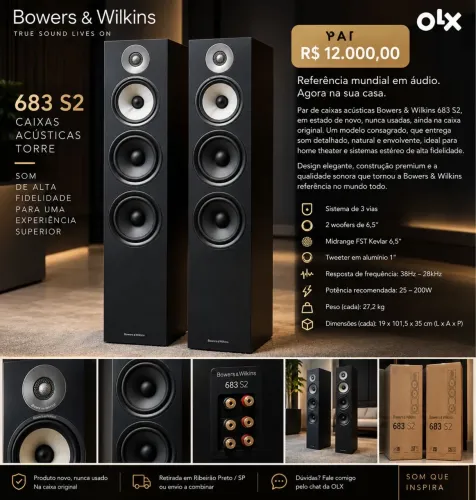 Par de Caixas de Som Torre Bowers & Wilkins (B&W) 683 S2 - Embalagem Original