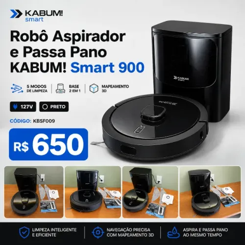 Robô Aspirador e Passa Pano KABUM! smart 900 - 5 Modos de Limpeza, Base 2 em 1, Mapeamento