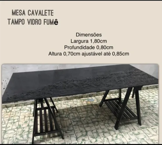 Mesa de Escritório Cavaletes Tampo Vidro Fumê