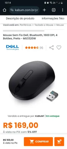 Mouse Sem Fio Dell Bluetooth MS3320W - R$ 169,00