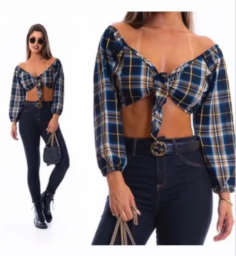 Camisa feminina são joão cropped xadrez 