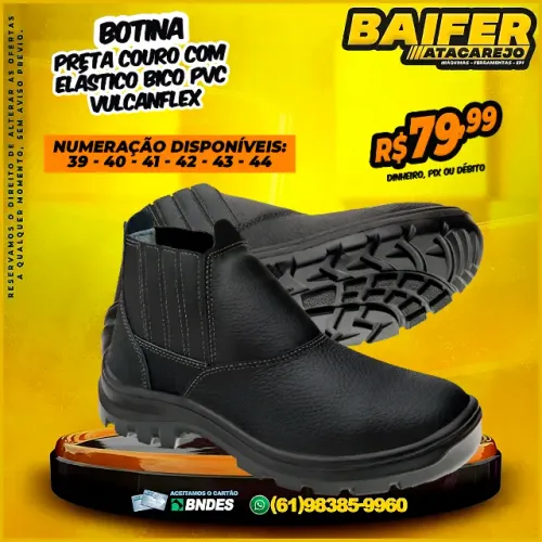 Botina Preta Couro Com Elástico Bico PVC VulcanFlex