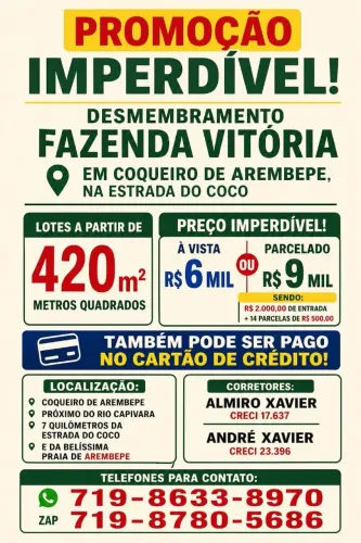 Lotes aparti de 500 metros de terra por apenas R$ 6.000.00