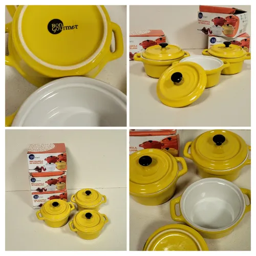KIT 3 MINI CAÇAROLAS PORCELANA AMARELA BON GOURMET COM TAMPA