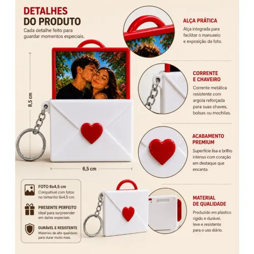Chaveiro Carta de Amor com Foto | Presente Romântico para Casais | Impressão 3D