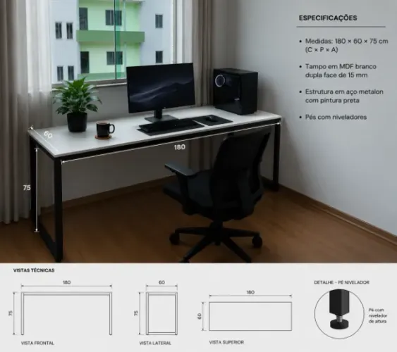 Mesa Escritório/Home Office 180x60cm Industrial MDF e Aço