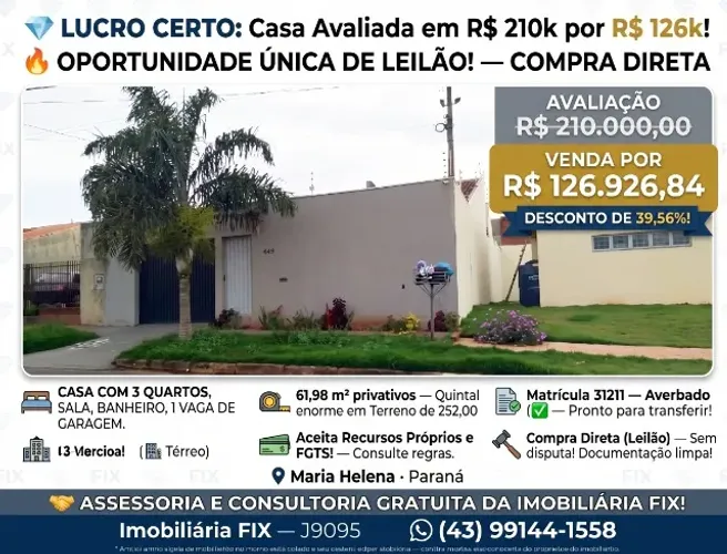 IMÓVEL DISPONÍVEL EM COMPRA DIRETA CAIXA! DE R$ 210 por R$ 126