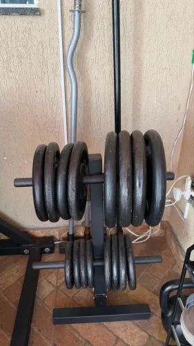 Kit Academia Completo | 80kg Anilhas + Barras + Suporte de Supino + Suporte para Anilhas