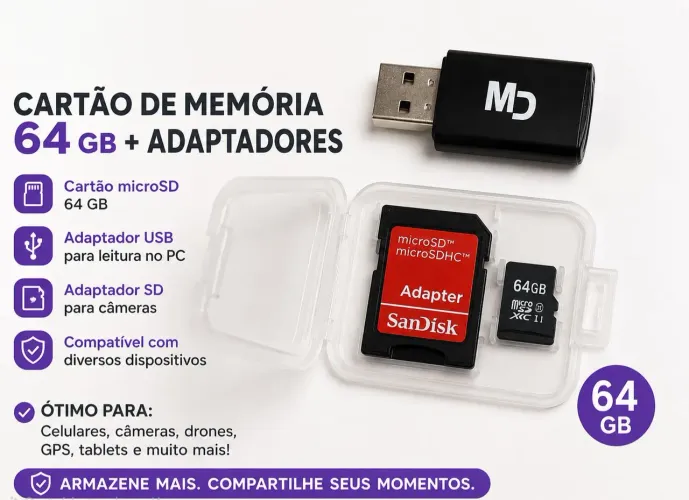 Cartão de Memória MicroSD 64GB + Adaptadores