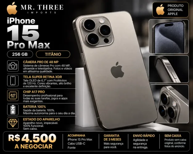 iPhone 15 Pro Max 256GB Titânio | Novo | Bateria 100%