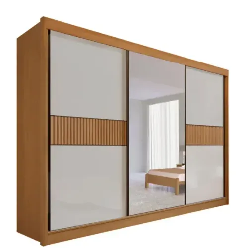 Guarda-roupa Casal Mdf com Espelho 3 Portas 6 Gavetas Miami Ripado Cinamomo/Off White