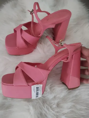 ?Queima de estoque sandália de salto bloco plataforma rosa