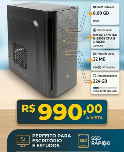 PC Desktop i5-2500S, 8GB RAM, SSD 224GB -Pronto para Uso