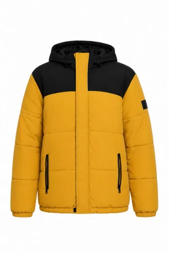 Jaqueta Puffer Color Block Amarelo e Preto