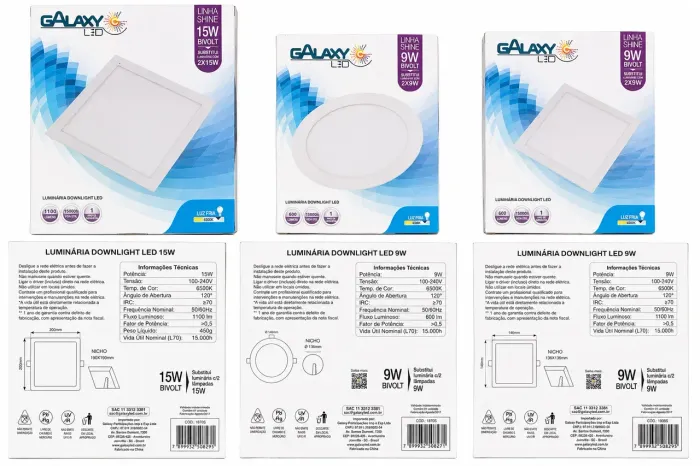 Lote Atacado Plafon Luminárias LED 9W e 15W Galaxy embutir Revenda